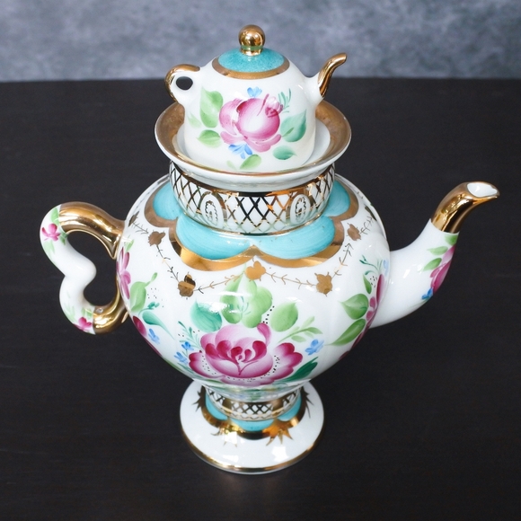Vintage Lomonosov Imperial Russian Porcelain Light Day Pink Blue Floral Teapot - Picture 3 of 8